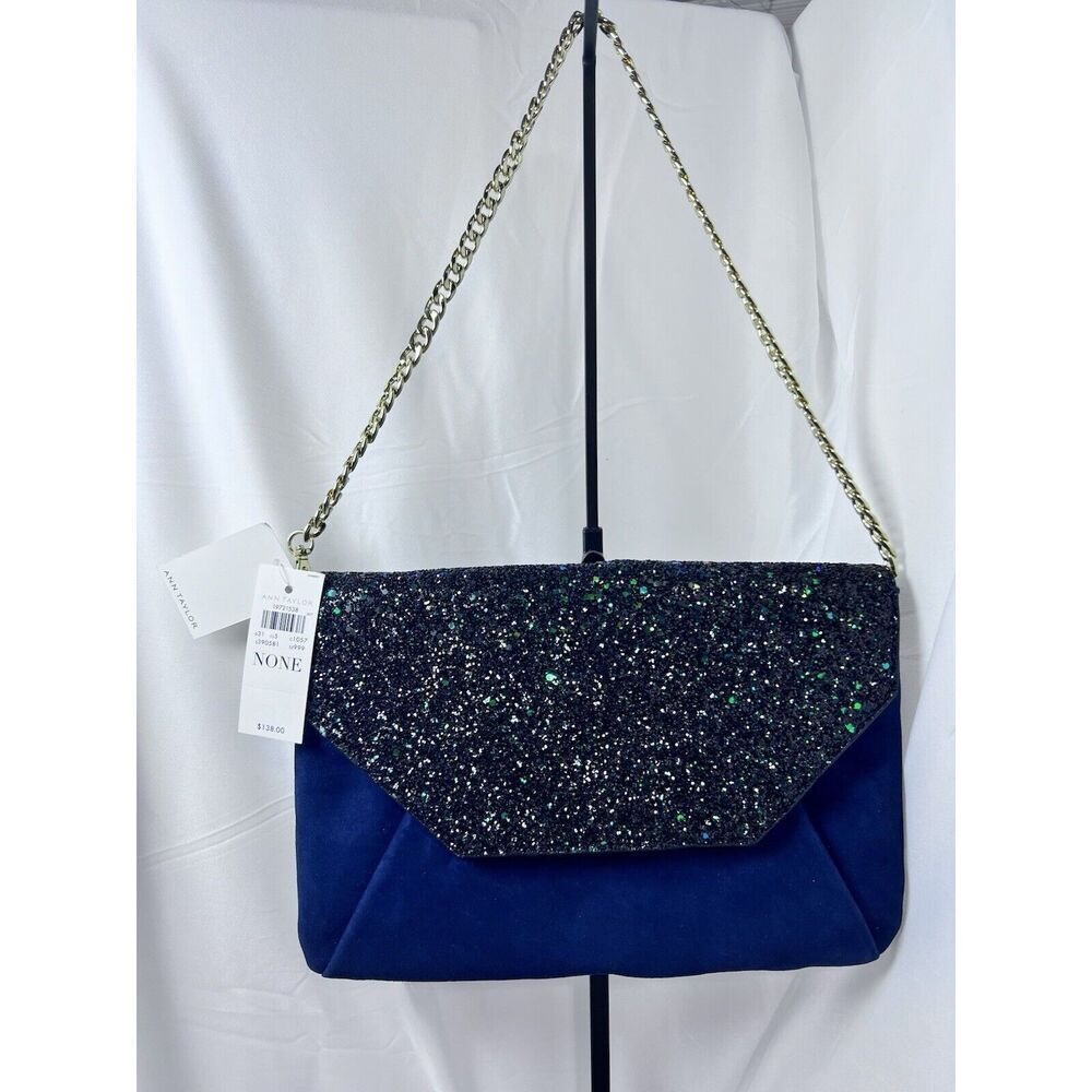 Ann Taylor Bella Glitter Navy Clutch Bling NYE NWT